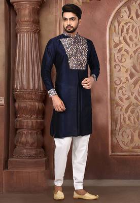 Navy Blue Printed Art Silk Dhoti Kurta 1