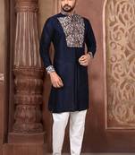Navy Blue Printed Art Silk Dhoti Kurta