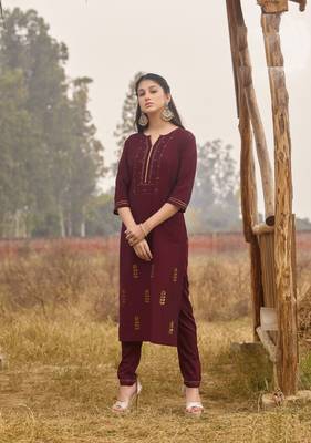 Purple Rich Look Rayon with handwork Festive Wear Kurti With Pant 1