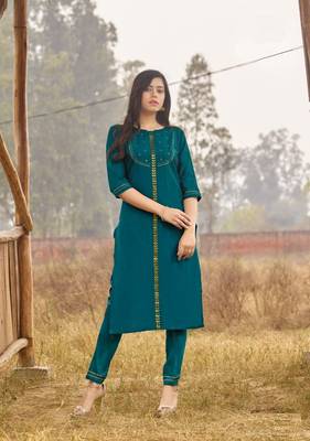 Acqua Green Rich Look Rayon with handwork Festive Wear Kurti With Pant 1