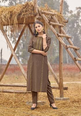 Light Brown Rich Look Rayon with handwork Festive Wear Kurti With Pant 1