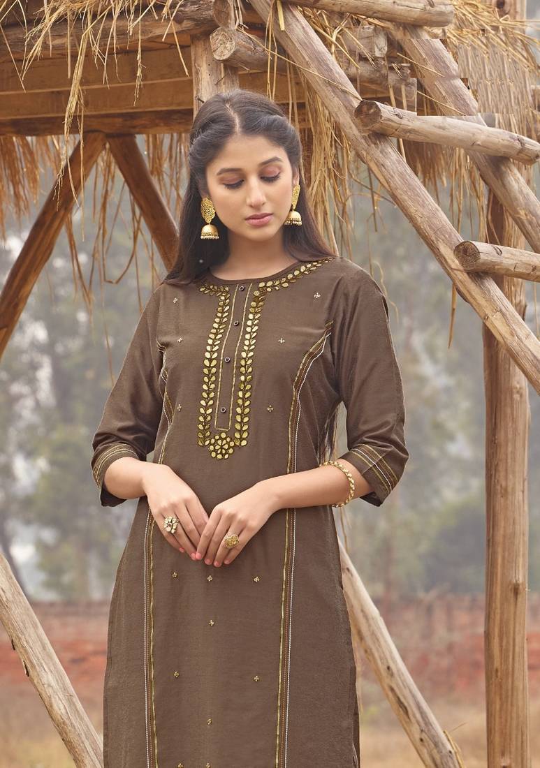 Light Brown Rich Look Rayon with handwork Festive Wear Kurti With Pant
