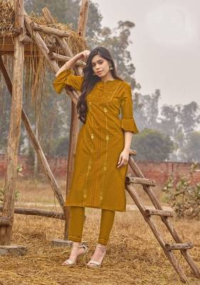 Yellow Rich Look Rayon with handwork Festive Wear Kurti With Pant 1