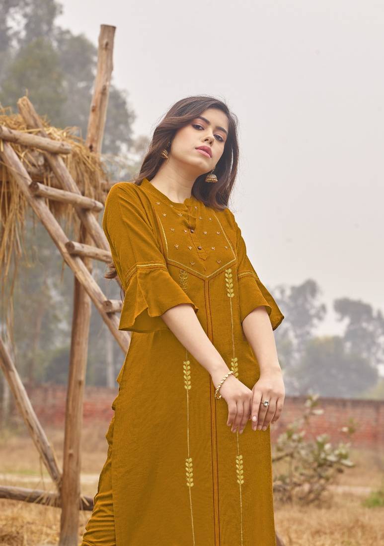 Yellow Rich Look Rayon with handwork Festive Wear Kurti With Pant