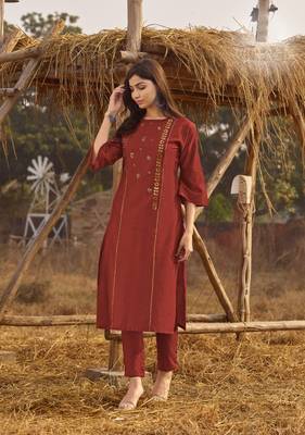Rust Rich Look Rayon with handwork Festive Wear Kurti With Pant 1