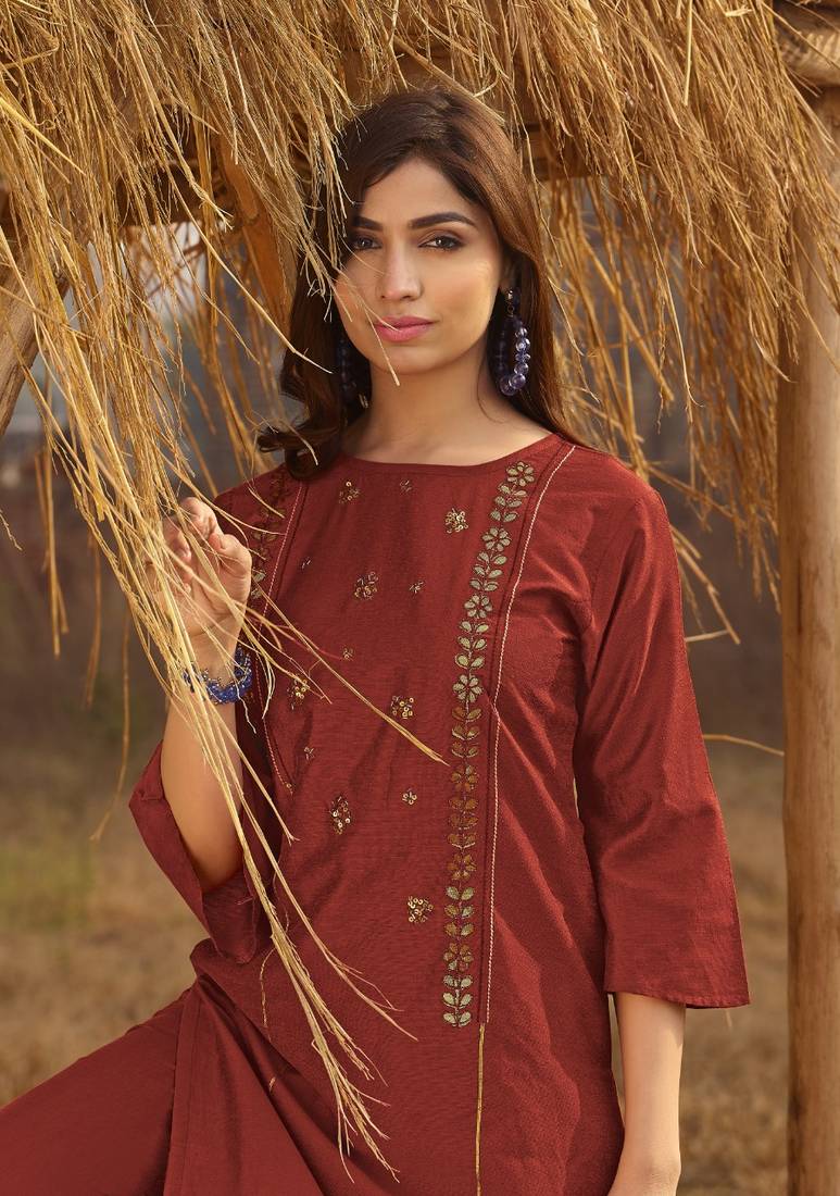 Rust Rich Look Rayon with handwork Festive Wear Kurti With Pant