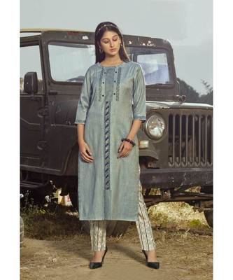 Light blue Printed Heavy slub  straight cut Kurti set 1