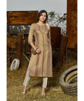 Beige Printed Heavy slub  straight cut Kurti set 1