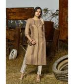 Beige Printed Heavy slub  straight cut Kurti set