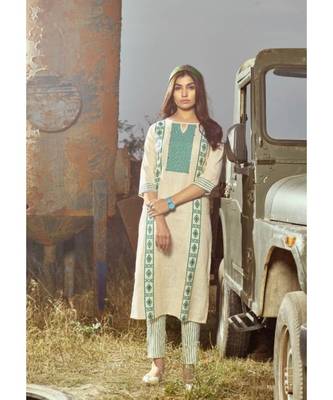 Off White Printed Heavy slub  straight cut Kurti set 1