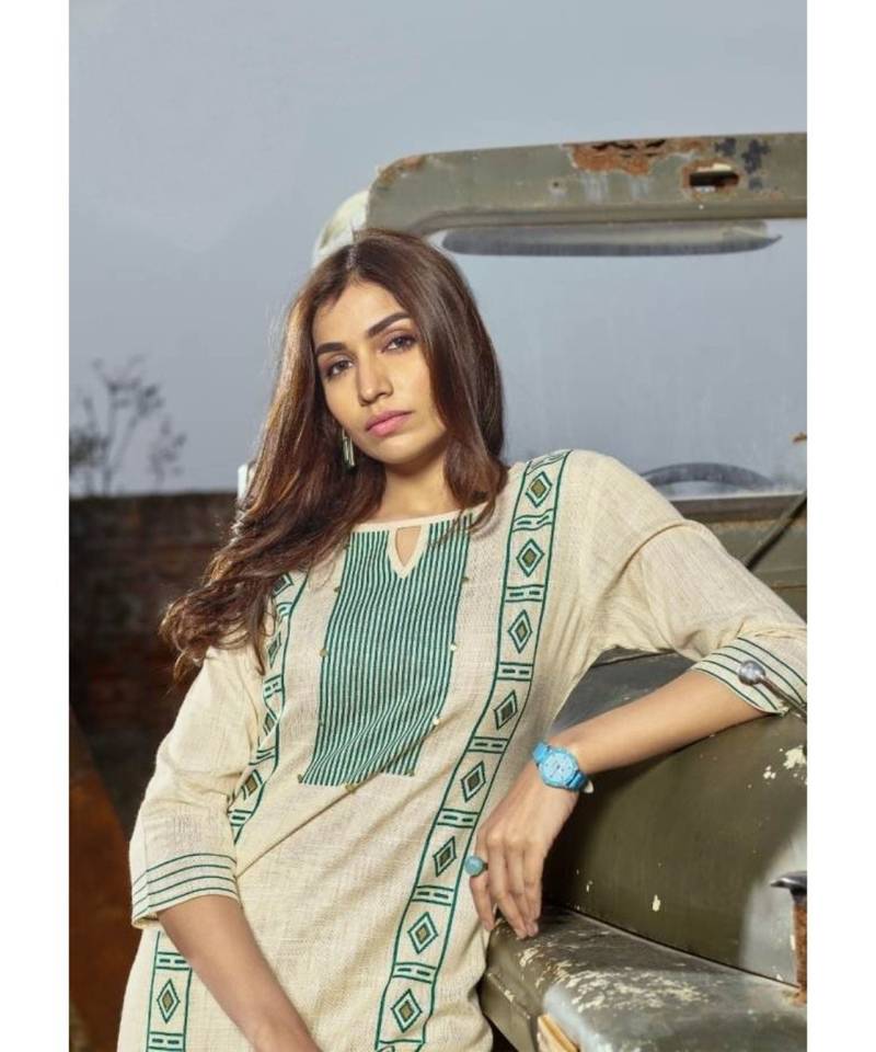 Off White Printed Heavy slub  straight cut Kurti set