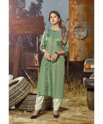 Light Green Printed Heavy slub  straight cut Kurti set 1