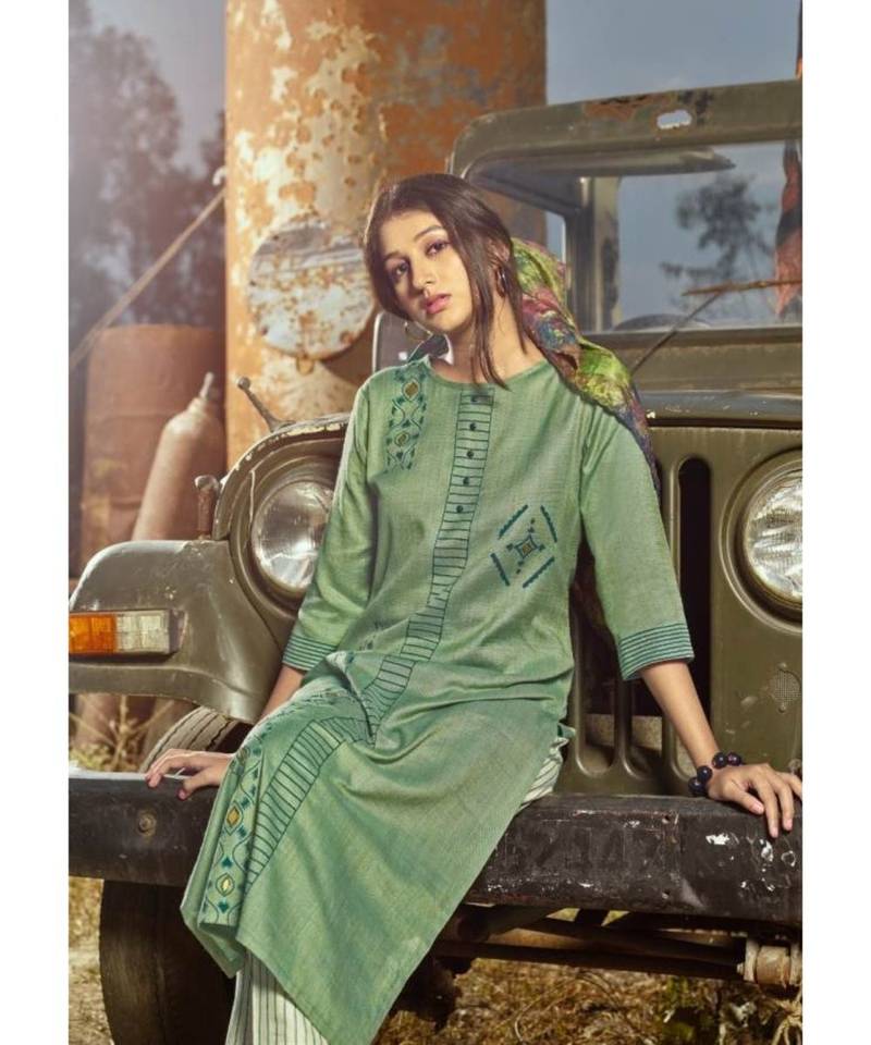 Light Green Printed Heavy slub  straight cut Kurti set