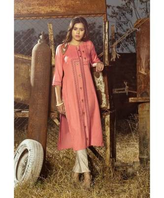Peach Printed Heavy slub  straight cut Kurti set 1