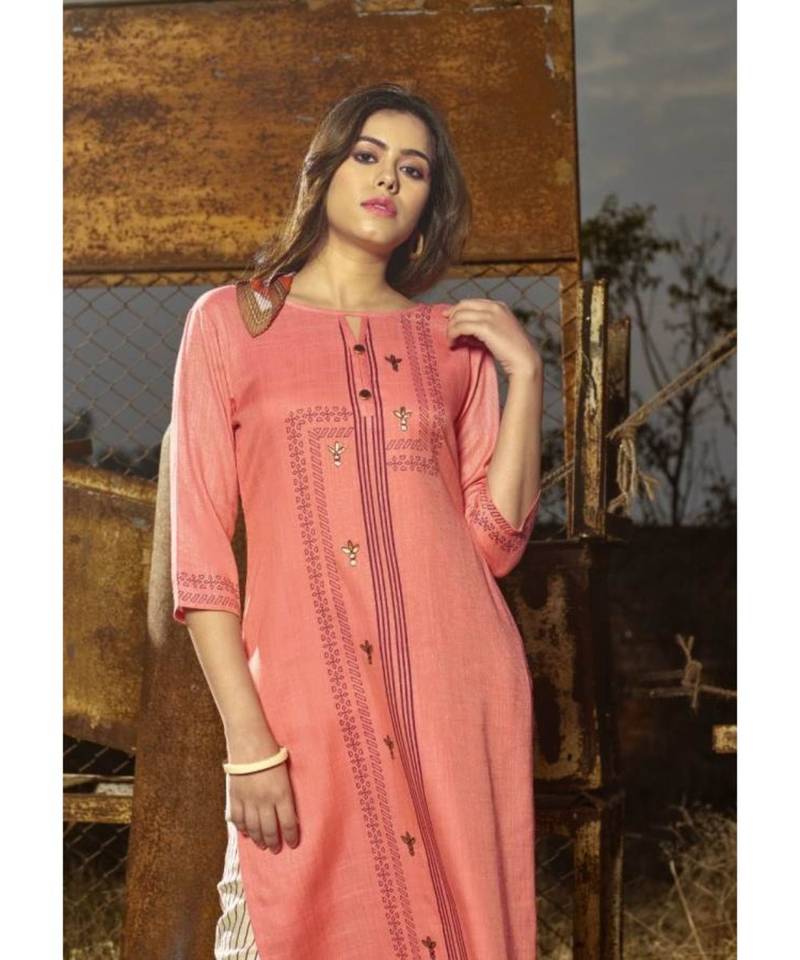 Peach Printed Heavy slub  straight cut Kurti set