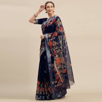 Navy Blue Color Linen Cotton Digital Print Saree 1