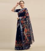 Navy Blue Color Linen Cotton Digital Print Saree