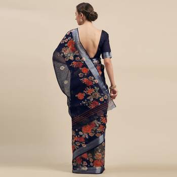 Navy Blue Color Linen Cotton Digital Print Saree 2