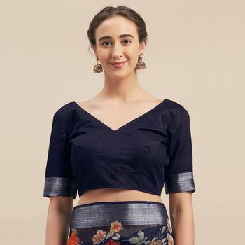 Navy Blue Color Linen Cotton Digital Print Saree 3