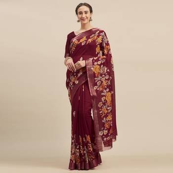 Maroon Blue Color Linen Cotton Digital Print Saree 1