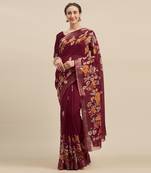 Maroon Blue Color Linen Cotton Digital Print Saree