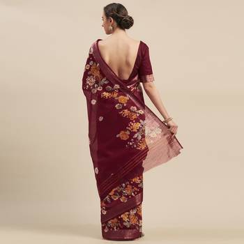 Maroon Blue Color Linen Cotton Digital Print Saree 2