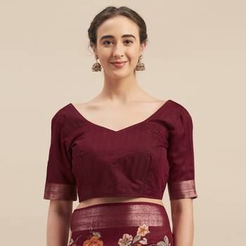 Maroon Blue Color Linen Cotton Digital Print Saree 3