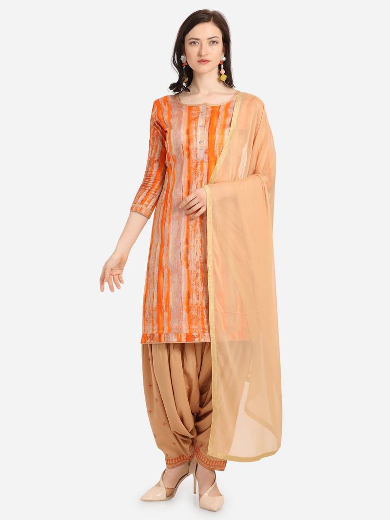 Orange & Beige Color Embroidered Unstitched Dress Material