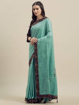 Sea Green Color Ruby Silk Emroidered Saree 1