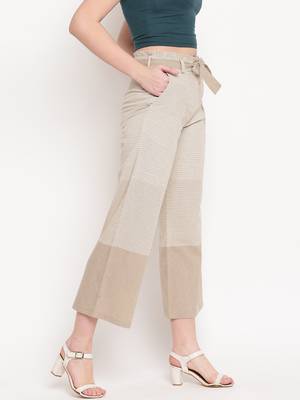 Beige plain cotton trousers 4