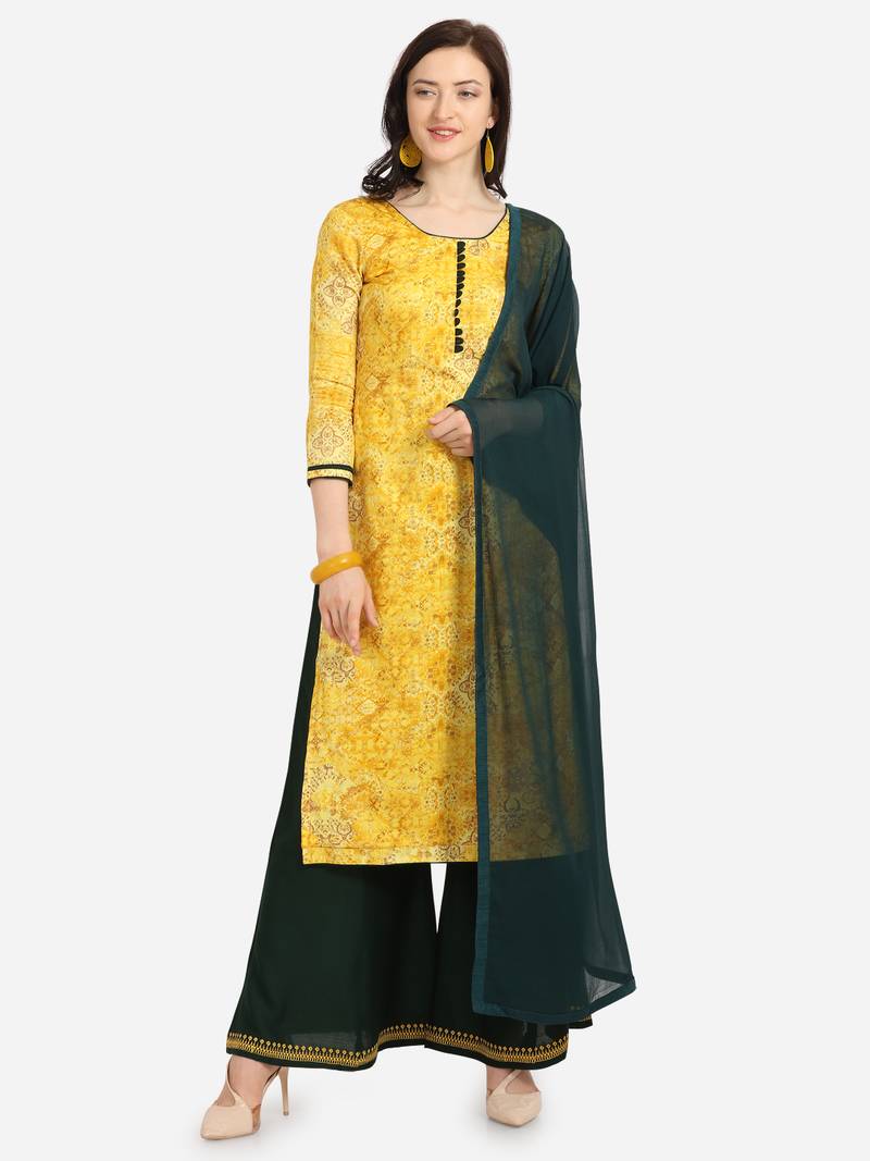 Yellow & Green Color Embroidered Unstitched Dress Material