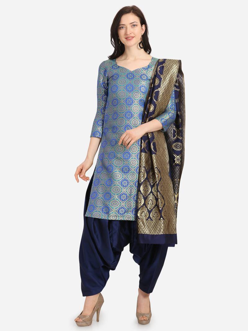 Sea Green & Blue Color Unstitched Dress Material