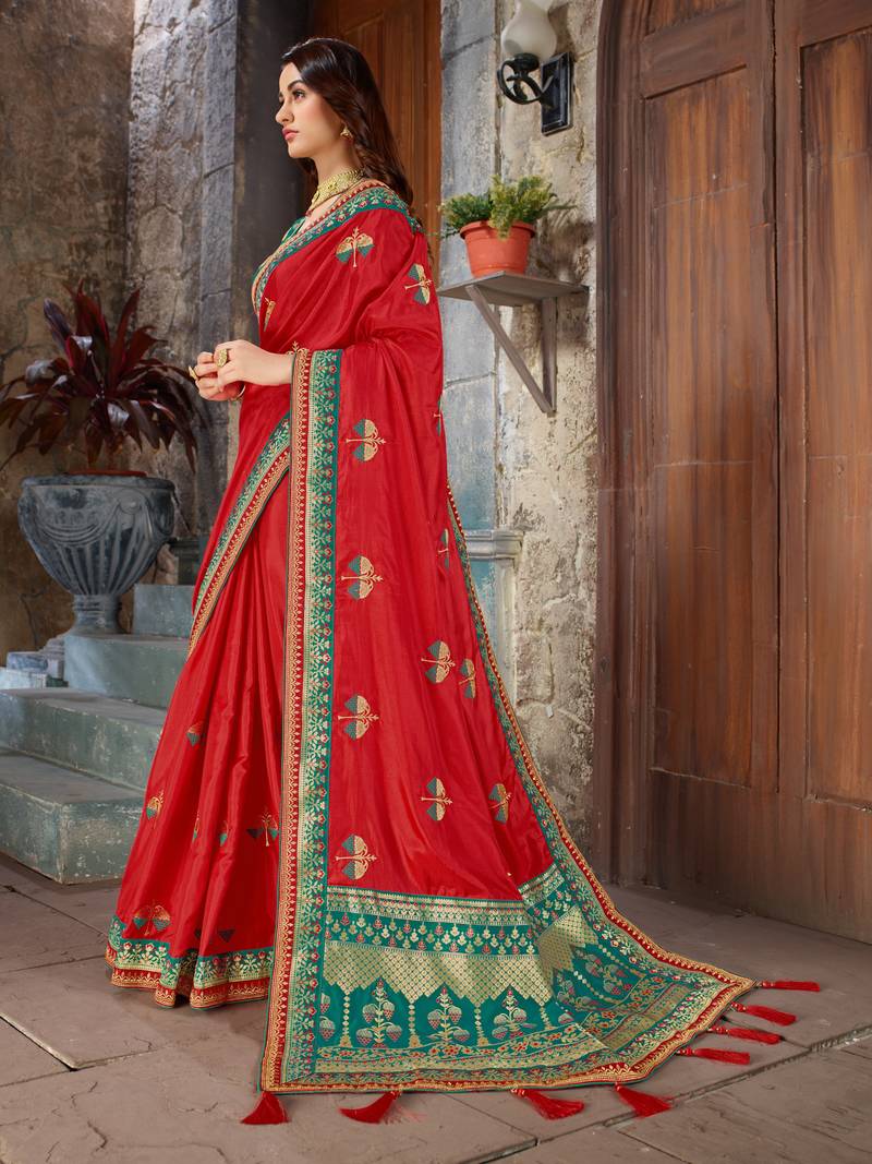 Red Embroidered Art Silk saree with blouse