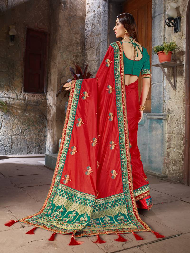 Red Embroidered Art Silk saree with blouse