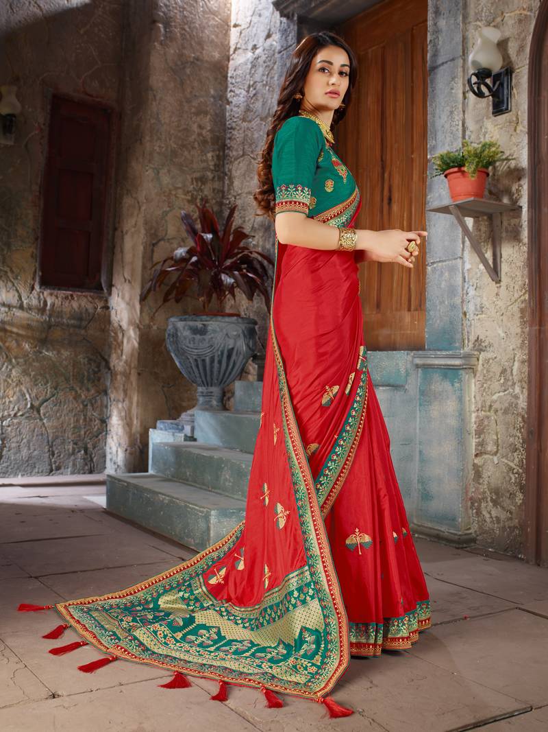 Red Embroidered Art Silk saree with blouse