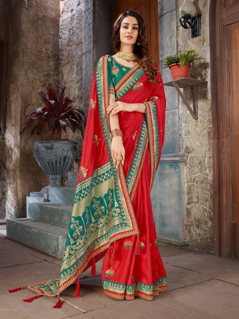 Red Embroidered Art Silk saree with blouse