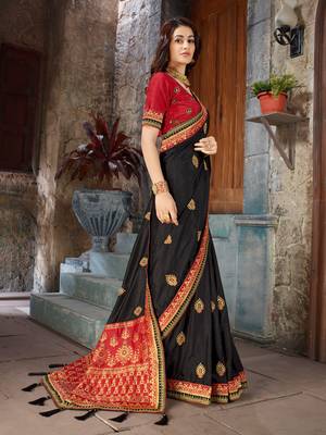 Black Embroidered Art Silk saree with blouse 4