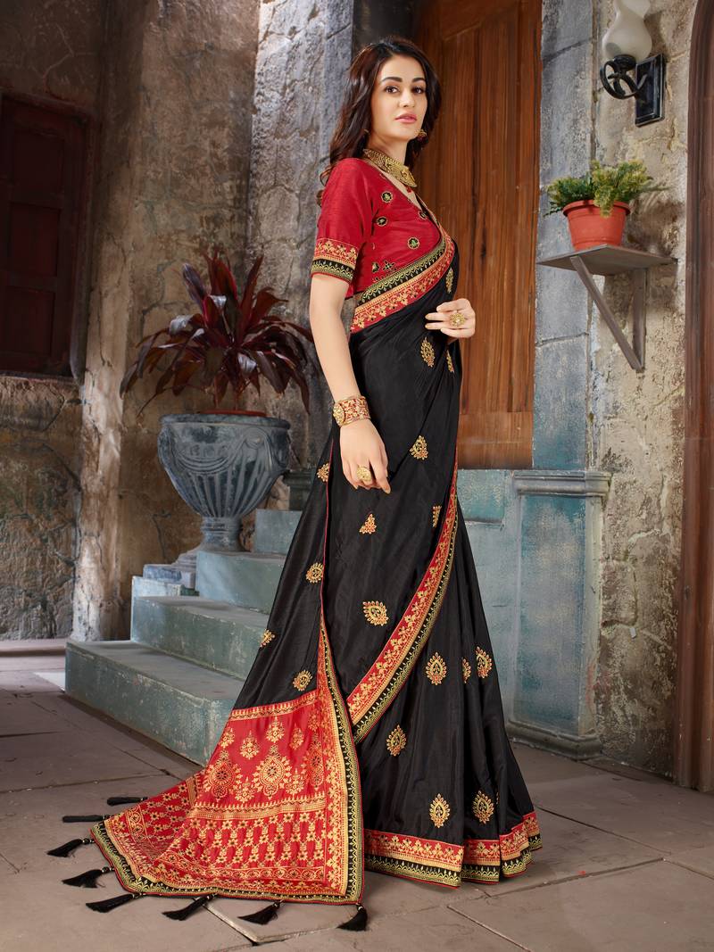 Black Embroidered Art Silk saree with blouse