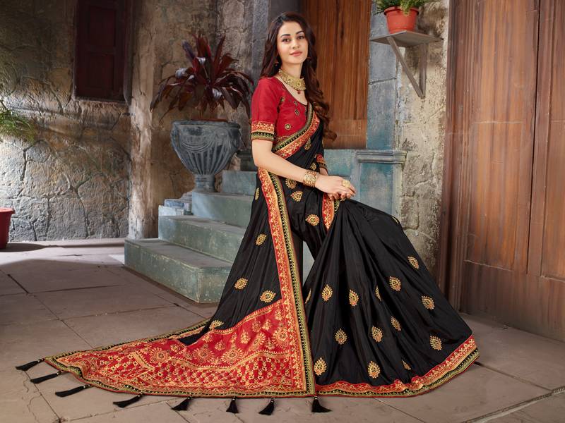 Black Embroidered Art Silk saree with blouse