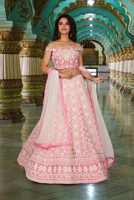 pink embroidered net readymade lehenga cholis 1