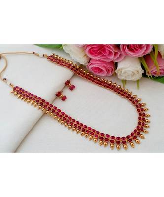 Awesome Antique Gold Finish Kemp Stone Long Haaram With Matching Ear Rings 1
