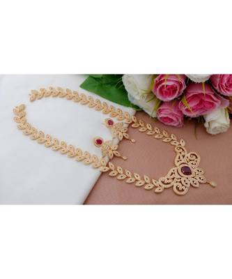 Royal Designer Cz / Ruby Stone Long Leaf Design Necklace With A Pair Of Matching Ear Rings 1