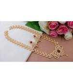 Royal Designer Cz / Ruby Stone Long Leaf Design Necklace With A Pair Of Matching Ear Rings
