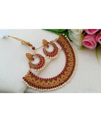 Beautiful Matt Gold Finish Neckset With Ruby Emerald Stones And Pair Of Matching Ear Rings 1