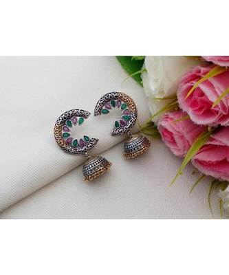 Cute Two Tone Pure German Silver Jhumkas With Ad Stones 1