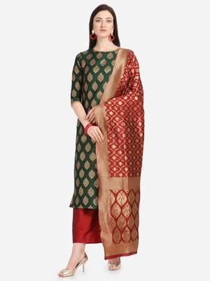 Green & Red Color Unstitched Dress Material 1