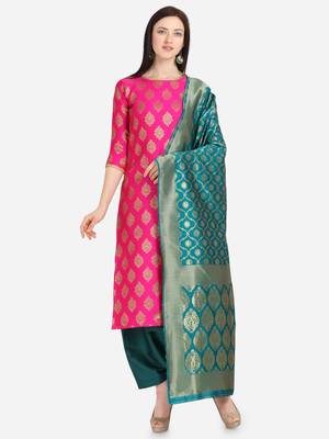 Pink & Sea Green Color Unstitched Dress Material 1