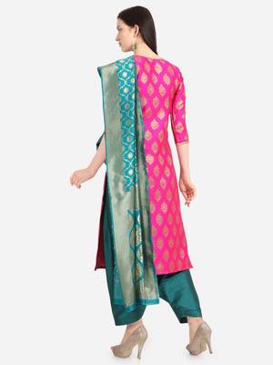 Pink & Sea Green Color Unstitched Dress Material 2