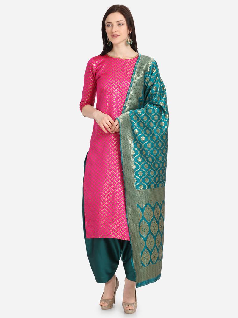 Pink & Sea Green Color Unstitched Dress Material