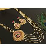 Beautiful Gold Tone Multilayer Ruby Emerald Peacock Mugappu Haar Set